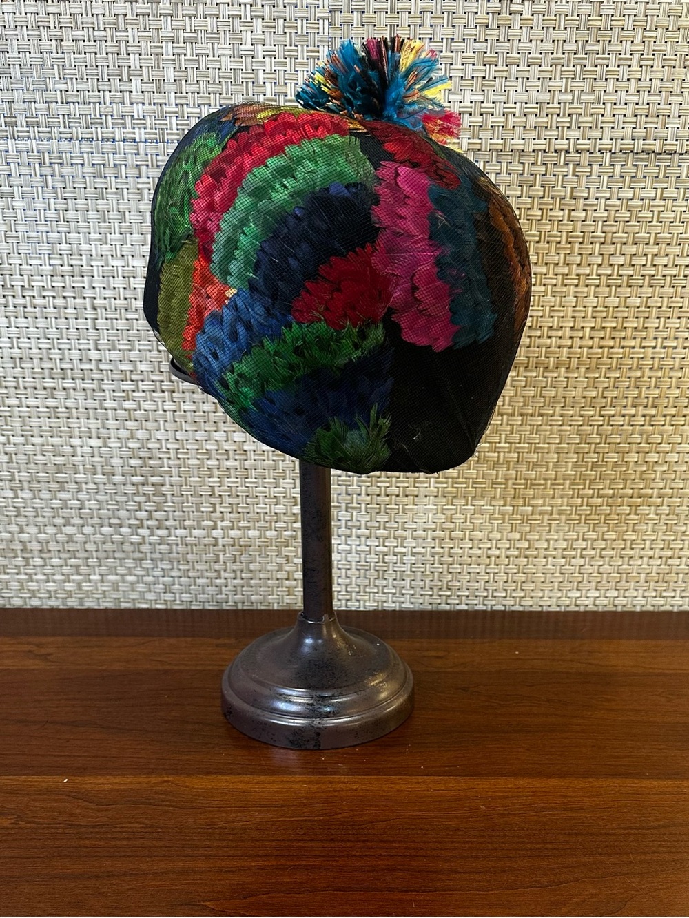 VTG 1960s Don Anderson New York MCM Feather Pillbox Hat Pom Pom USA - Picture 2 of 8